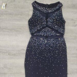 Prom Dress Formal Beaded Dress Navy Blue Illusion Mesh Fitted Sexy Jersey